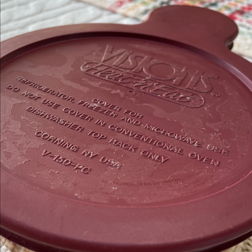 Vtg Corning Visions Heat ‘n’ Serve amber “grab it” bowl/dish/storage Maroon Lid - Picture 9 of 9